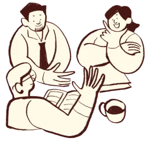 Ilustração de grupo a estudar e conversar, representando prática de espanhol em conjunto.