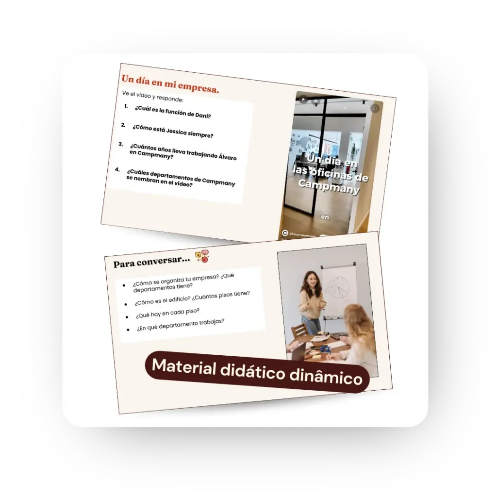 Mockup com materiais didáticos dinâmicos para aulas de espanhol, incluindo exercícios e atividades de conversação.