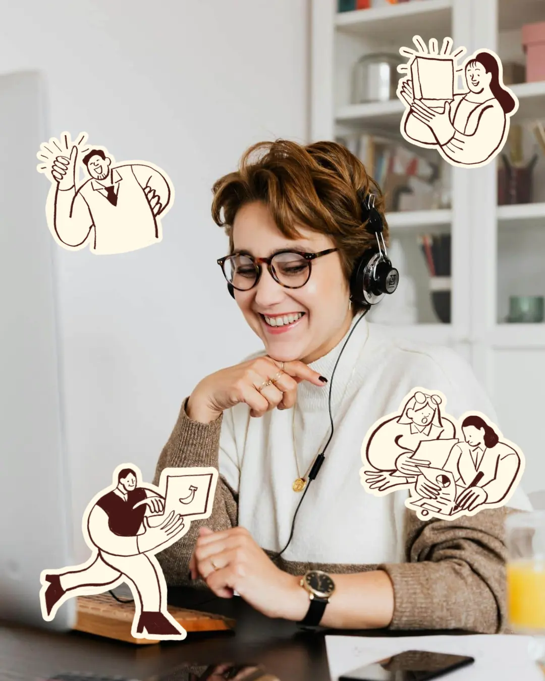 Professora de espanhol em aula online com elementos ilustrativos de interação e aprendizagem.