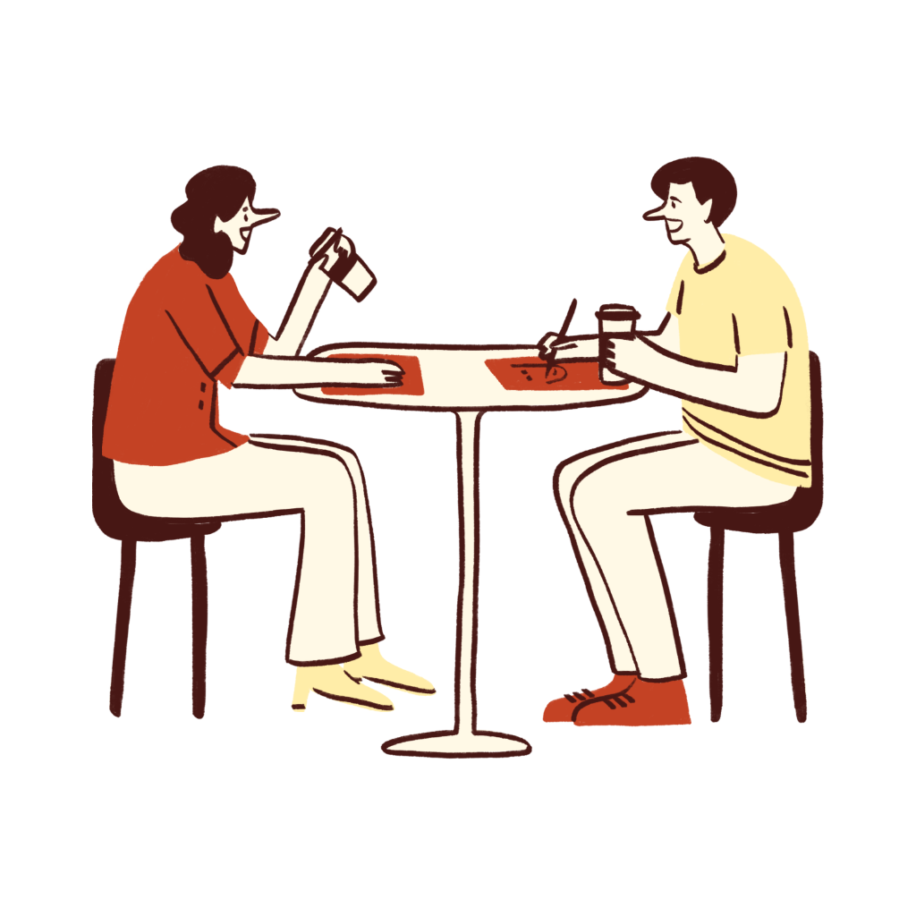 Ilustração de duas pessoas a praticar conversa em espanhol num café, cenário usado nas aulas de conversação da Fluente em Espanhol