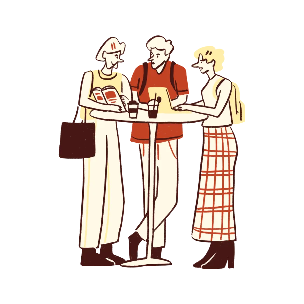 Alunos a praticar conversação em espanhol numa aula informal da Fluente em Espanhol, focada em comunicação real e fluência oral