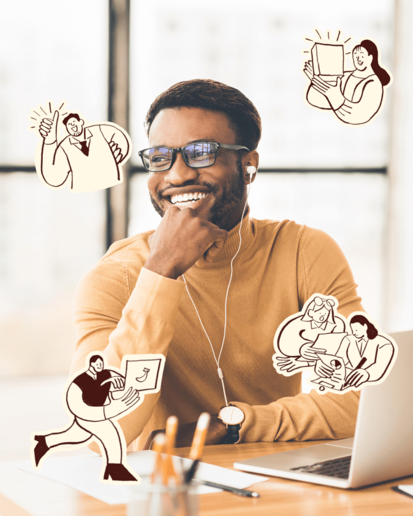 Homem adulto sorridente com auscultadores a assistir a um curso de espanhol online no computador, com ilustrações que representam sucesso, progresso e mentoria.
